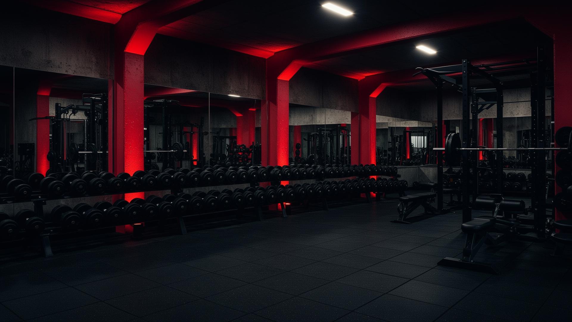 Swerve Fitness gym interior with red pillars and heavy weights